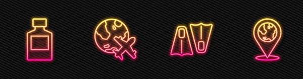 Set lijn Rubber flippers voor zwemmen, Whiskey fles, Globe met vliegend vliegtuig en locatie op de aardbol. Een gloeiend neon icoon. Vector — Stockvector