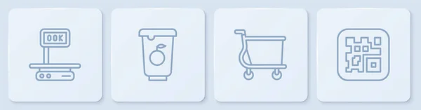 Réglage Balances électroniques, panier, conteneur de yaourt et code QR. Bouton carré blanc. Vecteur — Image vectorielle