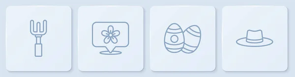Sabit hat çelengi, Paskalya yumurtası, çiçek ve bahçıvan şapkalı yer. Beyaz kare düğme. Vektör — Stok Vektör