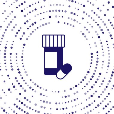 Mavi ilaç şişesi ve beyaz arka planda izole edilmiş hap ikonu. Şişe hapı işareti. Eczane tasarımı. Soyut çember rastgele noktalar. Vektör