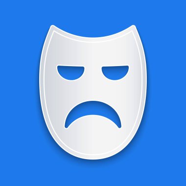 Kağıt kesiği dramatik maske ikonu mavi arka planda izole edilmiş. Kağıt sanatı tarzı. Vektör