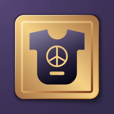 Mor Barış simgesi, mor arkaplanda izole edilmiş. Hippi barış sembolü. Altın kare düğme. Vektör