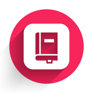 Beyaz Hukuk kitabı ikonu uzun gölgeli izole edilmiş. Yasal yargıç kitabı. Yargılama kavramı. Kırmızı daire düğmesi. Vektör