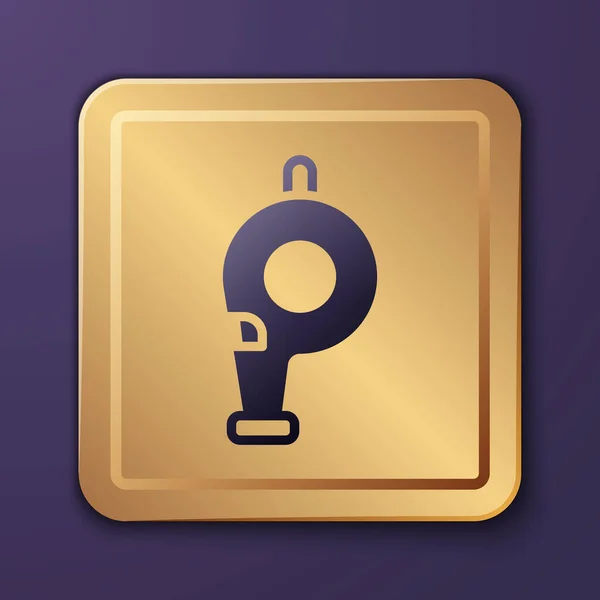Purple Whistle Symbol isoliert auf lila Hintergrund. Schiedsrichter-Symbol. Fitness und Sport Zeichen. Goldener quadratischer Knopf. Vektor — Stockvektor