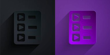 Kağıt kesme Müzik Listesi simgesi mor arkaplanda siyah üzerine izole edilmiş. Kağıt sanatı tarzı. Vektör