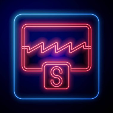 Parlayan neon müzik dalgası eşitleyici simgesi siyah arkaplanda izole edildi. Ses dalgası. Ses dijital dengeleyici teknolojisi, konsol paneli, nabız müzikali. Vektör