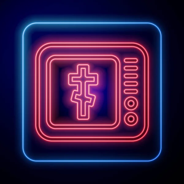 Glowing neon Online church pastor preaching video streaming icon isolated on black background. Online church of Jesus Christ. Vector — Stock Vector