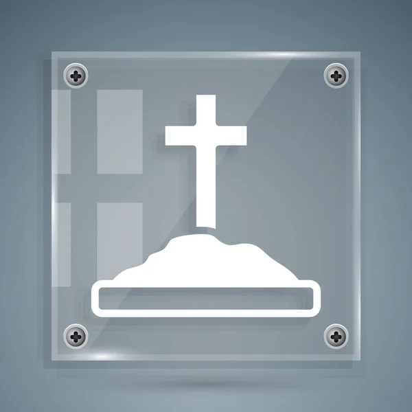 Tumba blanca con icono de cruz aislado sobre fondo gris. Paneles cuadrados de vidrio. Vector — Archivo Imágenes Vectoriales