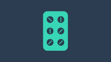 Mavi arka planda, su toplayan paket ikonundaki turkuaz haplar izole edilmiş. İlaç paketi. Tablet, vitamin, antibiyotik, aspirin. 4K Video hareketli grafik canlandırması