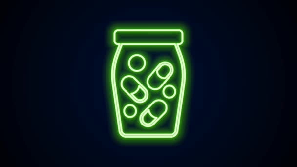 Leuchtende Neon-Linie Medizin Flasche und Pillen Symbol isoliert auf schwarzem Hintergrund. Flaschentablettenschild. Apothekendesign. 4K Video Motion Grafik Animation — Stockvideo