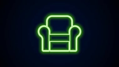 Parlayan neon hattı Armchair simgesi siyah arkaplanda izole edildi. 4K Video hareketli grafik canlandırması