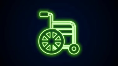 Siyah arkaplanda izole edilmiş engelli kişi simgesi için parlayan neon hat tekerlekli sandalye. 4K Video hareketli grafik canlandırması