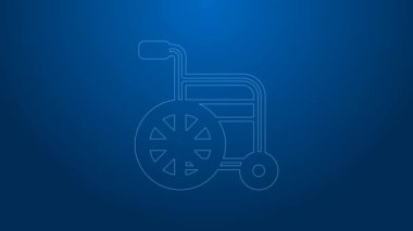Özürlü kişi simgesi için beyaz çizgi tekerlekli sandalye mavi arka planda izole edildi. 4K Video hareketli grafik canlandırması