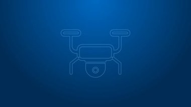 Beyaz çizgi uçan İHA ikonu mavi arka planda izole edildi. Video ve fotoğraf makinesi sembollü dörtlü helikopter. 4K Video hareketli grafik canlandırması