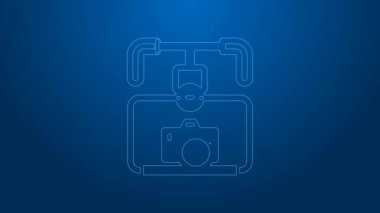 Beyaz çizgi Gimbal dengeleyicisi ve DSLR kamera ikonu mavi arkaplanda izole edildi. 4K Video hareketli grafik canlandırması