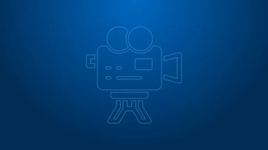 Beyaz çizgi Retro sinema kamerası ikonu mavi arkaplanda izole edildi. Video kamera. Film tabelası. Film projektörü. 4K Video hareketli grafik canlandırması