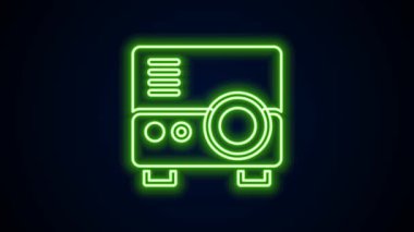 Parlak neon hattı sunumu, film, film, medya projektörü simgesi siyah arkaplanda izole edildi. 4K Video hareketli grafik canlandırması
