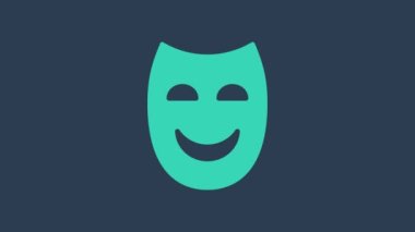 Turkuaz Komedi Maskesi ikonu mavi arka planda izole edildi. 4K Video hareketli grafik canlandırması