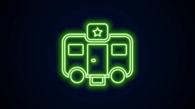 Siyah arka planda izole edilmiş aktörler için parıldayan neon hattı Machine karavan soyunma odası. Film ekibi tuvaleti. Yıldız yatağı. Film aracı. 4K Video hareketli grafik canlandırması