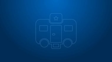 Beyaz çizgili Machine karavan soyunma odası mavi arka planda izole edilmiş aktörler için. Film ekibi tuvaleti. Yıldız yatağı. Film aracı. 4K Video hareketli grafik canlandırması