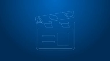 Beyaz çizgi film alkışlayıcı simgesi mavi arkaplanda izole edildi. Film alkışlama tahtası. Alkış tahtası işareti. Sinema yapımı ya da medya endüstrisi. 4K Video hareketli grafik canlandırması
