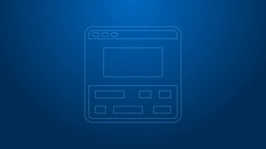 Beyaz çizgi video kaydedicisi ya da dizüstü bilgisayar simgesindeki düzenleyici yazılım mavi arkaplanda izole edildi. Dizüstü bilgisayarda video düzenleme. 4K Video hareketli grafik canlandırması