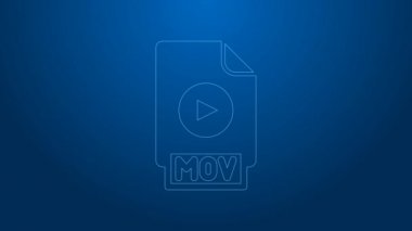 Beyaz çizgi MOV dosya belgesi. Mavi arkaplanda mov simgesi indir. MOV dosya sembolü. Ses ve video koleksiyonu. 4K Video hareketli grafik canlandırması