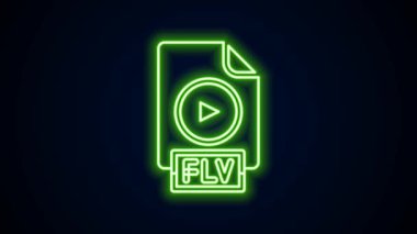 Parlayan neon hattı FLV dosya dosyası dosya biçimi. Siyah arkaplanda indirme düğmesi simgesi izole edildi. FLV dosya sembolü. 4K Video hareketli grafik canlandırması