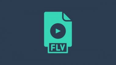 Turkuaz FLV dosya dosya dosya dosya biçimi. Mavi arkaplanda uçan tuş simgesi indir. FLV dosya sembolü. 4K Video hareketli grafik canlandırması
