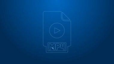 Beyaz çizgi MP4 dosya belgesi. Mavi arkaplanda izole edilmiş mp4 düğmesi simgesi indir. MP4 dosya sembolü. 4K Video hareketli grafik canlandırması