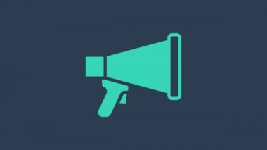 Mavi arkaplanda izole edilmiş turkuaz megafon simgesi. Sözcü işareti. 4K Video hareketli grafik canlandırması