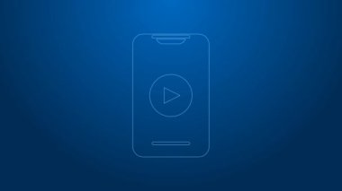 Beyaz çizgi Online video simgesi mavi arkaplanda izole edildi. Akıllı telefon ve üzerinde oyun işareti olan film şeridi. 4K Video hareketli grafik canlandırması