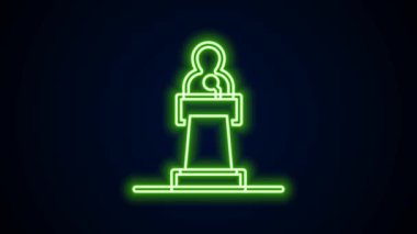 Parlayan neon hattı hoparlör simgesi siyah arkaplanda izole edildi. Ben Tribün 'den hatip. Halka açık konuşma. Kürsüde biri var. 4K Video hareketli grafik canlandırması