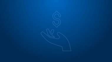 Beyaz Çizgili El, para para ikonunu mavi arka planda tutuyor. Dolar ya da USD sembolü. Nakit bankacılık tabelası. 4K Video hareketli grafik canlandırması