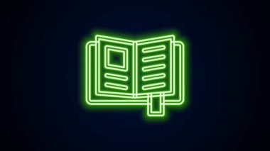 Parlayan neon hattı okuma kitabı simgesi siyah arkaplanda izole edildi. 4K Video hareketli grafik canlandırması