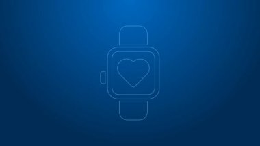 Beyaz çizgi Akıllı saat mavi arkaplanda kalp atış hızı simgesini gösteriyor. Fitness uygulaması konsepti. 4K Video hareketli grafik canlandırması