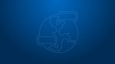 Beyaz çizgi dünya çapında bir simge mavi arkaplanda izole edildi. Yerküreye iğnele. 4K Video hareketli grafik canlandırması