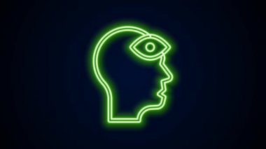 Siyah arka planda üçüncü göz ikonu olan parlak neon çizgili adam. Meditasyon konsepti, enerji vizyonu, aura. 4K Video hareketli grafik canlandırması