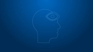 Mavi arka planda üçüncü göz ikonuna sahip beyaz çizgi adamı izole edildi. Meditasyon konsepti, enerji vizyonu, aura. 4K Video hareketli grafik canlandırması