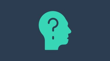 Mavi arka planda soru işareti simgesi olan turkuaz insan kafası. 4K Video hareketli grafik canlandırması