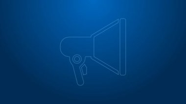 Mavi arka planda beyaz çizgi Megafon simgesi izole edildi. Sözcü işareti. 4K Video hareketli grafik canlandırması