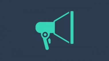 Mavi arkaplanda izole edilmiş turkuaz megafon simgesi. Sözcü işareti. 4K Video hareketli grafik canlandırması