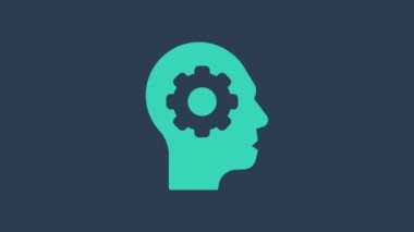 Turkuaz insan kafası ve mavi arka planda izole edilmiş bir ikon var. Yapay zeka. Düşünen beyin. Beynin sembol çalışması. 4K Video hareketli grafik canlandırması