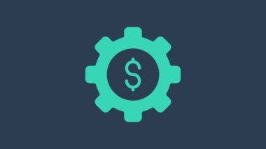 Mavi zemin üzerinde dolar sembolü olan turkuaz dişli. İş ve finans kavramsal ikonu. 4K Video hareketli grafik canlandırması