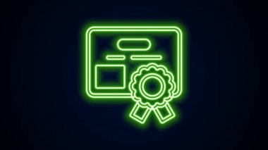 Parlayan neon hattı sertifika şablonu simgesi siyah arkaplanda izole edildi. Başarı, ödül, diploma, burs, diploma kavramları. 4K Video hareketli grafik canlandırması