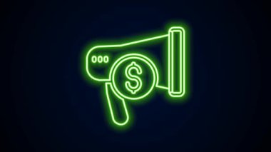 Parlayan neon hattı megafon ve dolar simgesi siyah arka planda izole edildi. Yüksek sesli konuşma uyarısı konsepti. Ağızlık için megafon, terfi diye bağırıyor. 4K Video hareketli grafik canlandırması