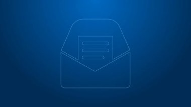 Mavi arkaplanda beyaz çizgi posta ve e-posta simgesi izole edildi. Zarf sembolü e-postası. E- posta kodu. 4K Video hareketli grafik canlandırması