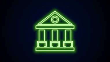Parlayan neon hattı adliye binası simgesi siyah arka planda izole edildi. Banka veya müze inşaatı. 4K Video hareketli grafik canlandırması
