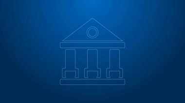 Beyaz çizgi adliye binası ikonu mavi arka planda izole edildi. Banka veya müze inşaatı. 4K Video hareketli grafik canlandırması