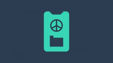 Mavi arka planda izole edilmiş turkuaz barış simgesi. Hippi barış sembolü. 4K Video hareketli grafik canlandırması